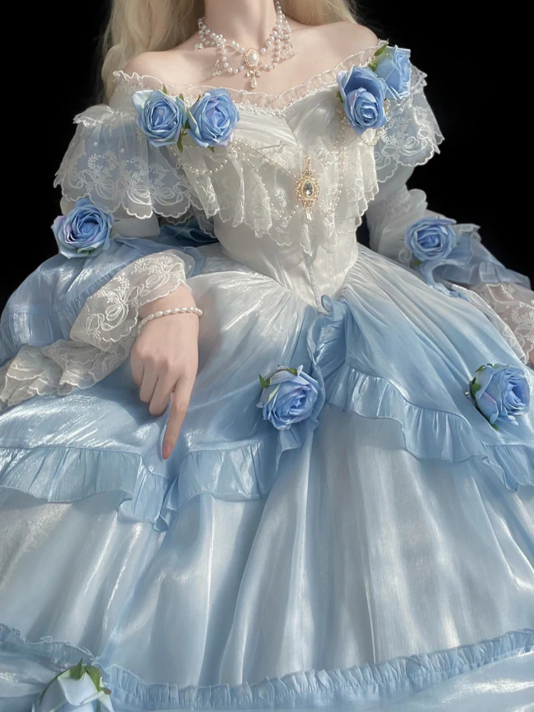 Vintage Ball Gown Off The Shoulder Short Sleeves 16th Blue Birthday Dress Lolita Summer Dress Birthday Outfits W1126 - Deanwangkt