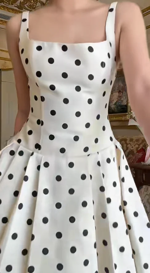 Elegant Spaghetti Strap A-Line Polka Dot Birthday Dresses Sleeveless Satin Polka Dot Evening Dresses DP3949 - Deanwangkt