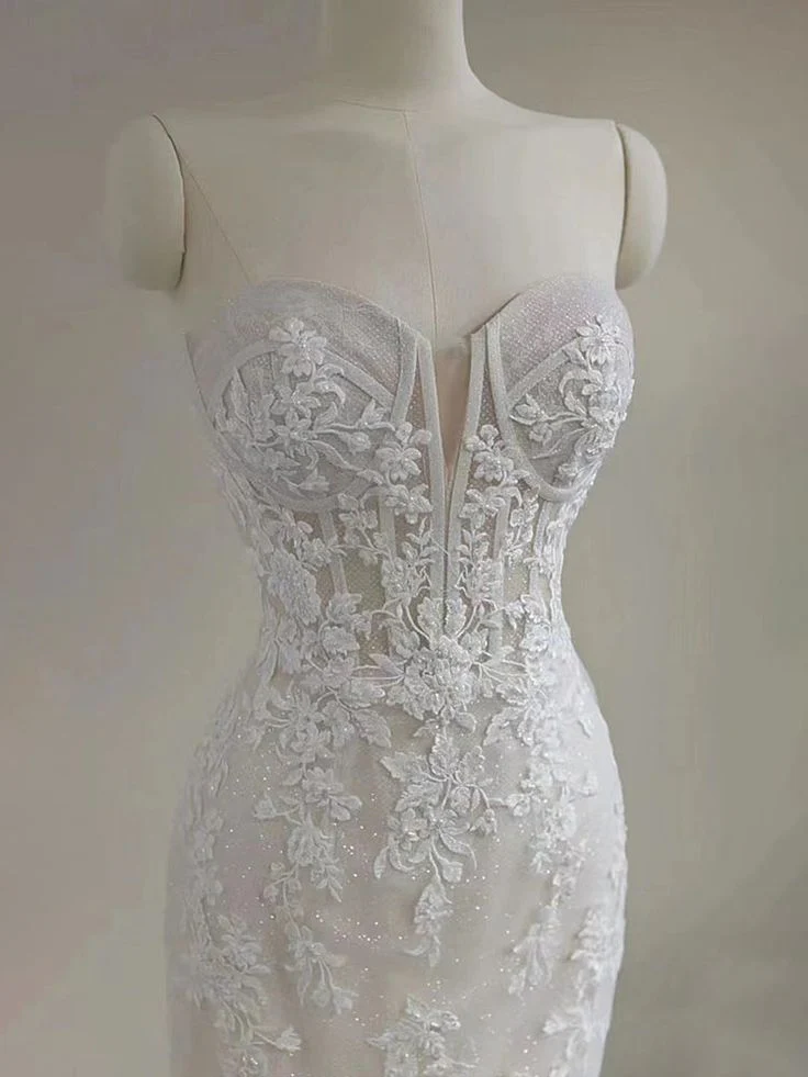 Dreamy Elegant Mermaid Sweetheart Lace Appliques Wedding Dress With Train Brides Dress DP611 - Deanwangkt