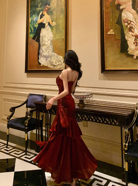 Sexy Mermaid Spaghetti Straps Burgundy 21st Birthday Dress Holiday Party Birthday Outfits For Women DP0192 - Deanwangkt