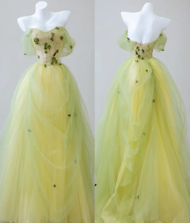 Sexy Ball Gown Off The Shoulder Sage Green Elegant Tulle Long Prom Dresses P0019 - Deanwangkt