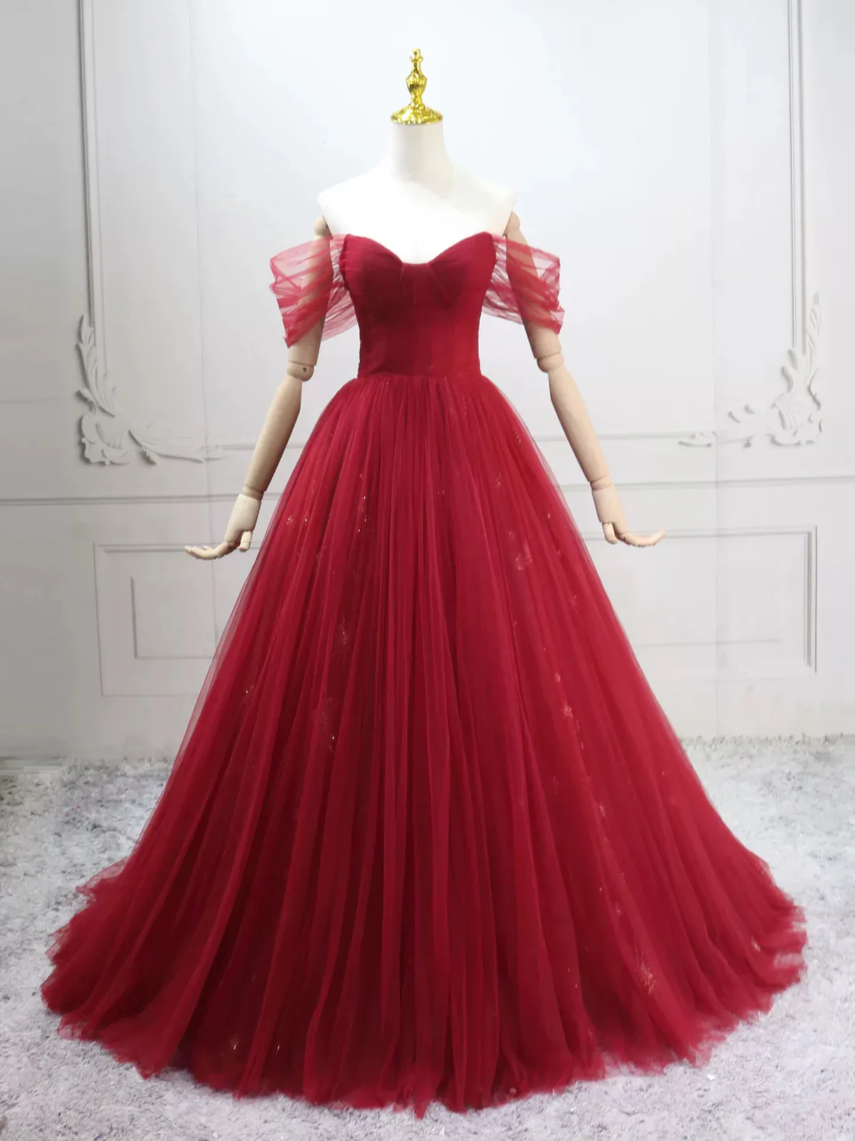 Elegant Off-Shoulder A-Line Tulle Long Prom Dresses, Burgundy Formal Evening Dresses DP3161 - Deanwangkt