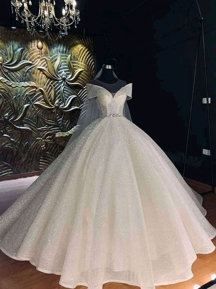 Unique Bridal Gown Ball Gown Off The Shoulder White Short Sleeves Sequin Wedding Dresses Pretty Bridal Gowns DH1216 - Deanwangkt