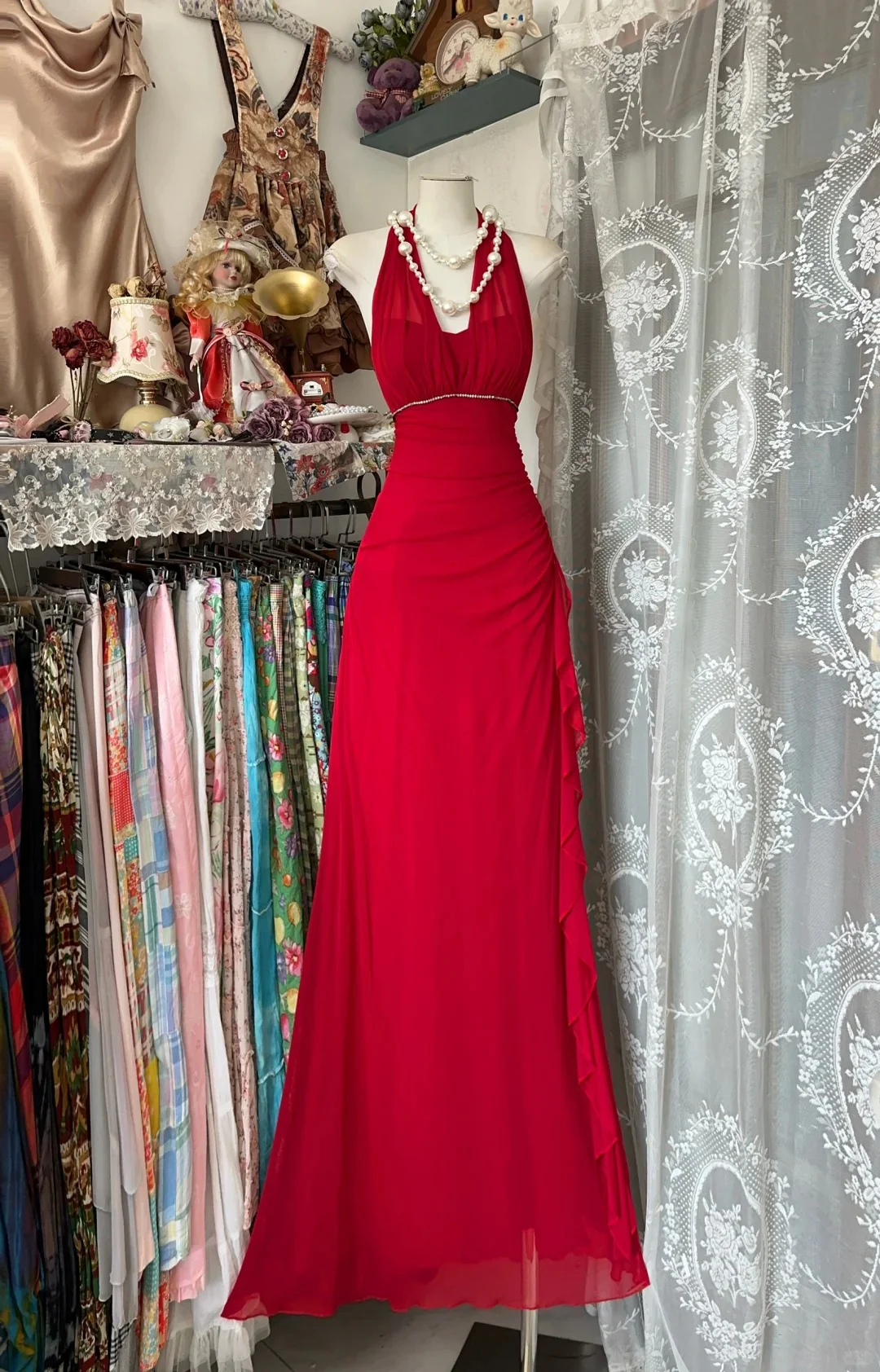 Vintage V-neck Sheath Chiffon Long Red Evening Dress Sweet Birthday Party Dress DP2903 - Deanwangkt
