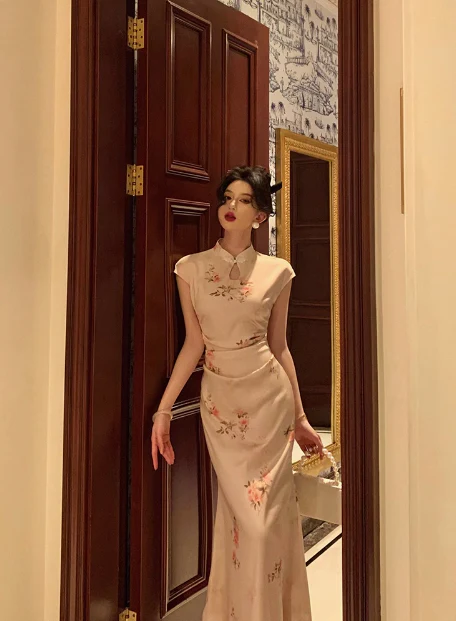 Cute Mermaid Cap Floral Satin Sleeveless 18th Birthday Dress Party Gown Birthday Outfits For Women DP546 - Deanwangkt