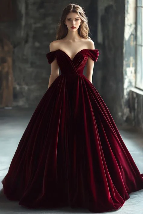 Pretty Ball Gown Off The Shoulder Burgundy Velvet Long Quinceanera Dress Formal Gown Vestido De 15 Anos Sweet 16 Dress W0309 - Deanwangkt