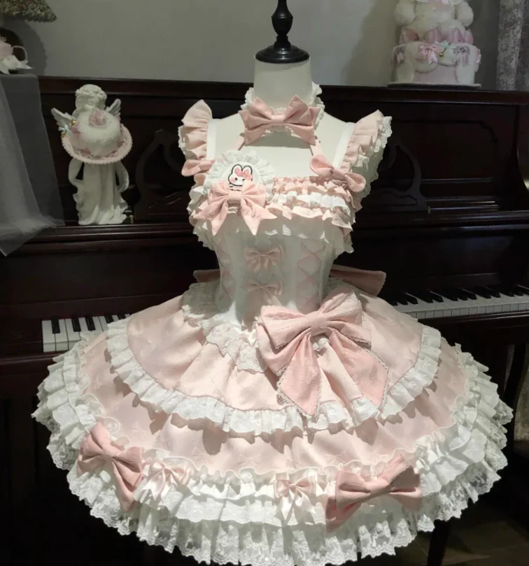 Cute Strap Ball Gown Pink Sleeveless Short Birthday Dress Lace Sweet Lolita Dress DP3797 - Deanwangkt