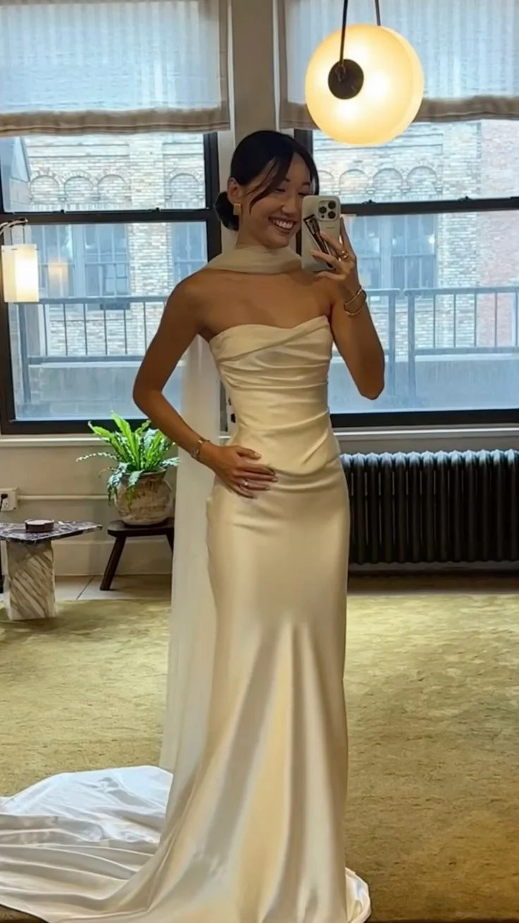 Ethereal Wedding Dress Sheath Strapless Satin Long Ivory Wedding Dresses Bridal Gowns DH863 - Deanwangkt