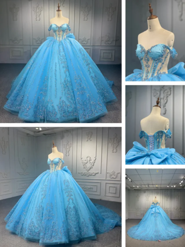 Gorgeous Off-the-shoulder Ball Gown Tulle Long Prom Dresses Beaded Applique Blue Quinceanera Dresses Sweet 16 Dress DP3747 - Deanwangkt