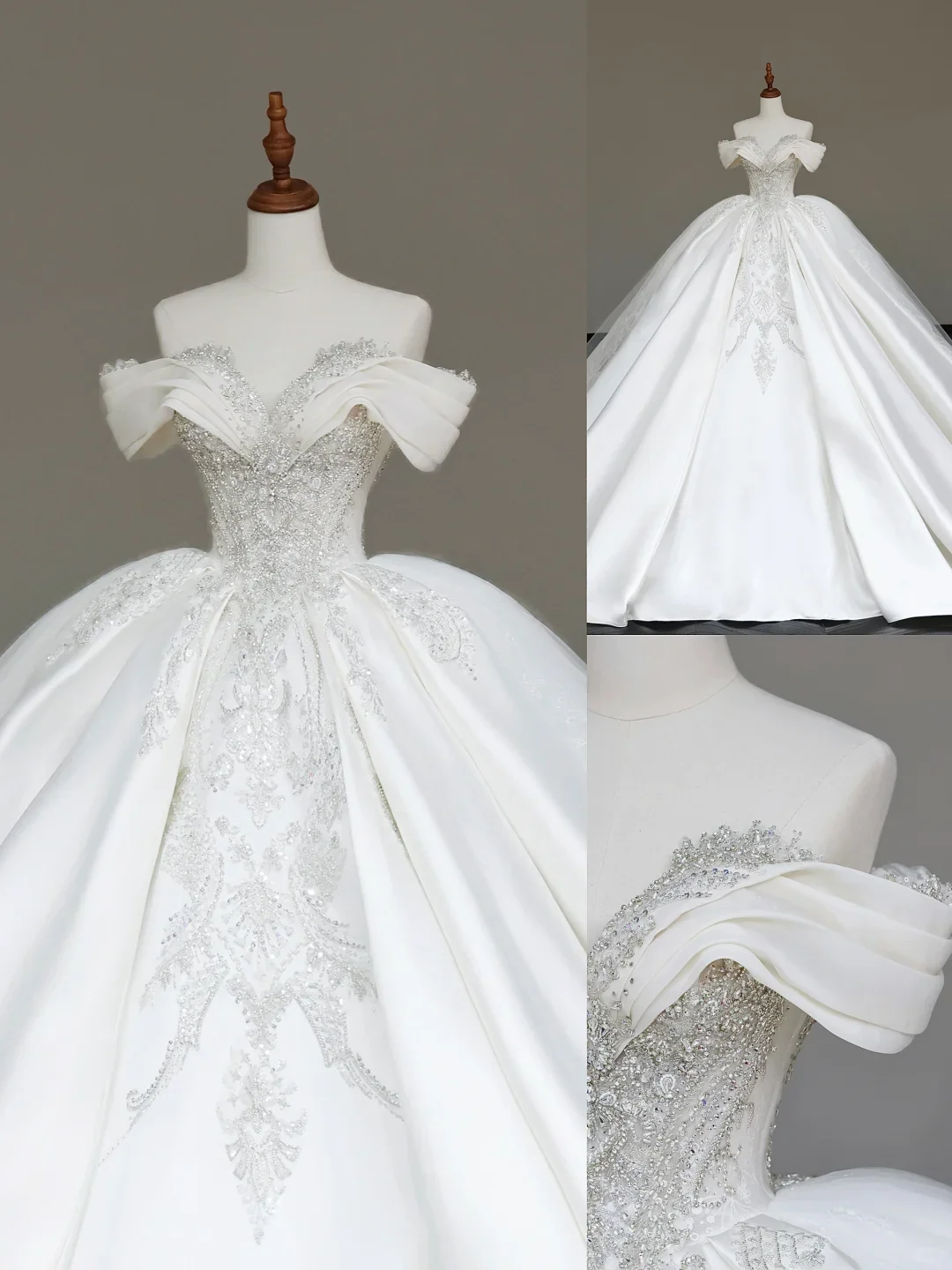 Classy Elegant Ball Gown Off The Shoulder Sequin White Short Sleeves Wedding Dress Brides Dress DP687 - Deanwangkt