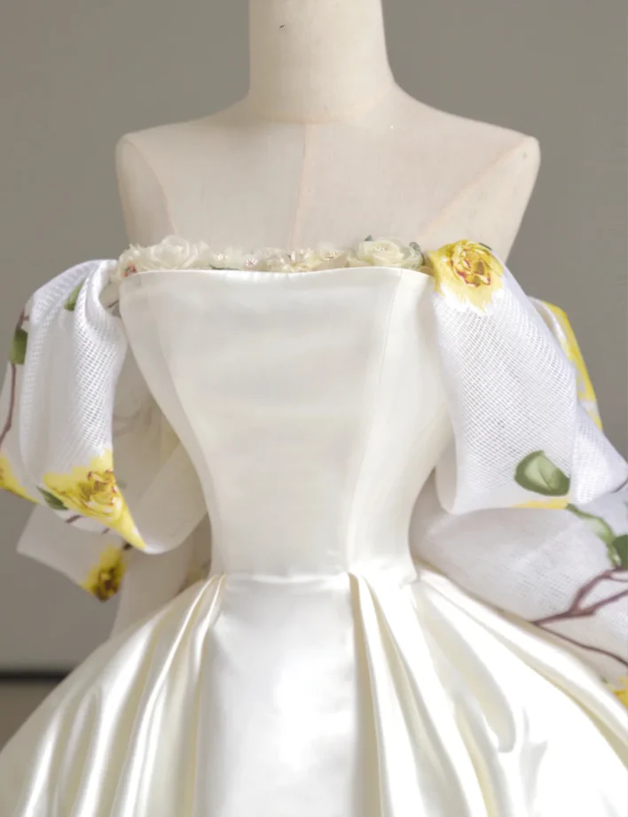 Dreamy Ball Gown Off The Shoulder Satin Long Floral Wedding Dresses Summer Brides Dress DP518 - Deanwangkt