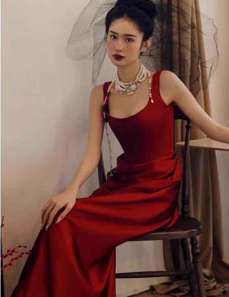 Modest Sheath Square Neck Long Evening Gown Burgundy Formal Dress Elegant Satin Prom Dress DP2800 - Deanwangkt