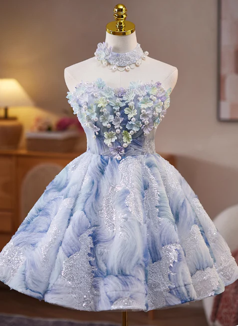 Sweet Strapless A-Line Short Prom Dresses, Blue Homecoming Dresses DP3130 - Deanwangkt