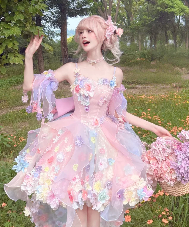 Fairy Spaghetti Strap Ball Gown Tulle Applique Birthday Dresses Pink Lolita Dresses DP3324 - Deanwangkt