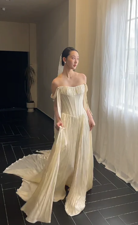 Timeless Off-the-shoulder Sheath Satin Luxury Wedding Dress, Light Champagne Bridal Gowns DP3080 - Deanwangkt