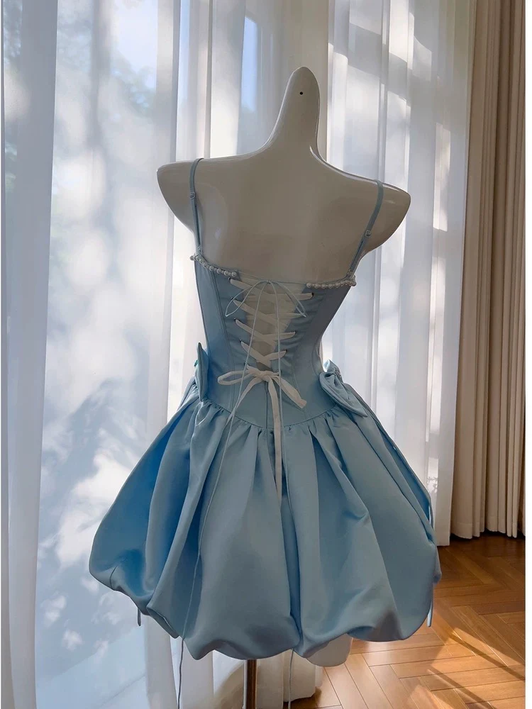Trendy Ball Gown Spaghetti Straps Blue Satin Sleeveless Formal Short 8th Grade Homecoming Dress Summer Middle School Hoco Dresses Cocktail Dress Birthday Outfits W940 - Deanwangkt