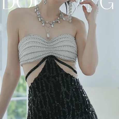 Sexy Strapless Mermaid Long Evening Dresses Beaded Sequin Party Dresses Black Prom Dresses  DP3306 - Deanwangkt