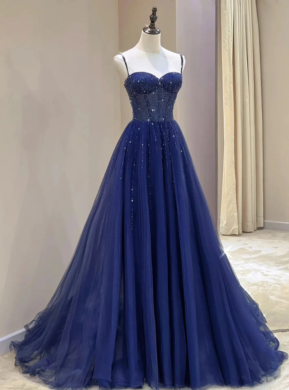 Pretty Navy Blue Spaghetti Straps Tulle Beading Prom Dress Evening Dresses DP303 - Deanwangkt