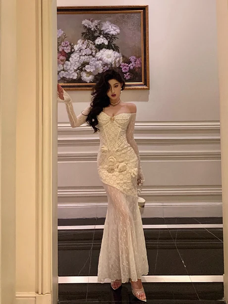 Classy Mermaid White Lace Off The Shoulder 18th Birthday Dress Party Gown 18th Birthday Outfits Birthday Dress Ideas For Women DP573 - Deanwangkt