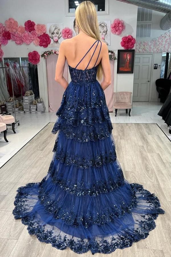 Sexy Navy Blue Tulle Sequin One-Shoulder Long Prom Dress with Slit DP308 - Deanwangkt