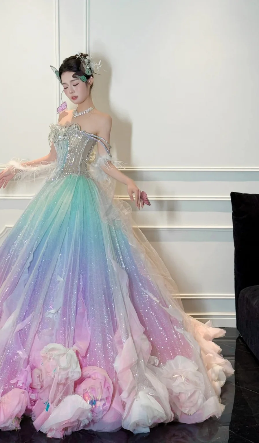 Gorgeous Off-the-shoulder A-line Tulle Beaded Long Prom Dresses, Formal Evening Dresses in Colorful DP3010 - Deanwangkt