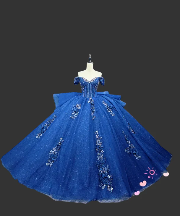 Gorgeous Off-the-Shoulder Ball Gown Tulle Applique Long Prom Dresses Royal Blue Quinceanera Dresses Sparkly Sweet 16 Dresses DP3268 - Deanwangkt