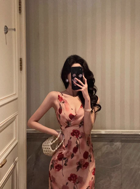 Sexy Sheath V Neckline Floral Pink 18th Birthday Dress Holiday Party Birthday Outfits For Women DP0155 - Deanwangkt