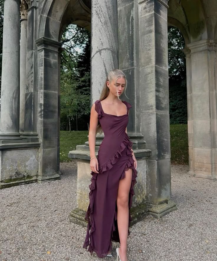 Gorgeous A line Square Neckline Grape Chiffon Slit Prom Dresses Formal Summer Wedding Guest Dresses Wedding Guest Outfit DP784 - Deanwangkt