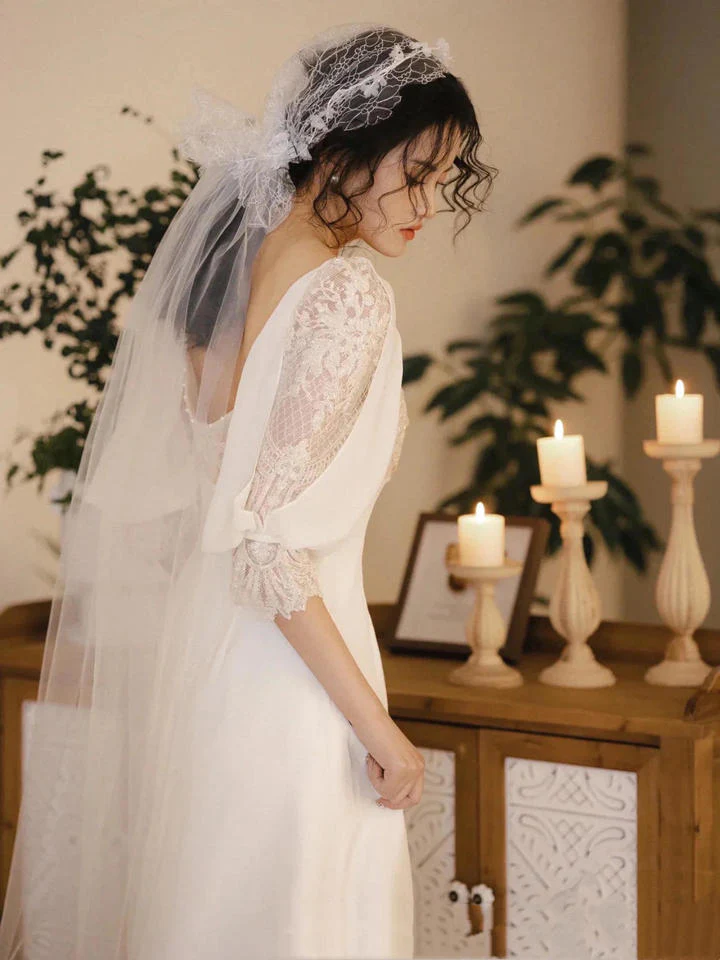 Romantic Wedding Gown Bridal Dress A Line Square Neck Satin Wedding Dress Ivory Wedding Dresses Modest Wedding Gowns DH2038 - Deanwangkt