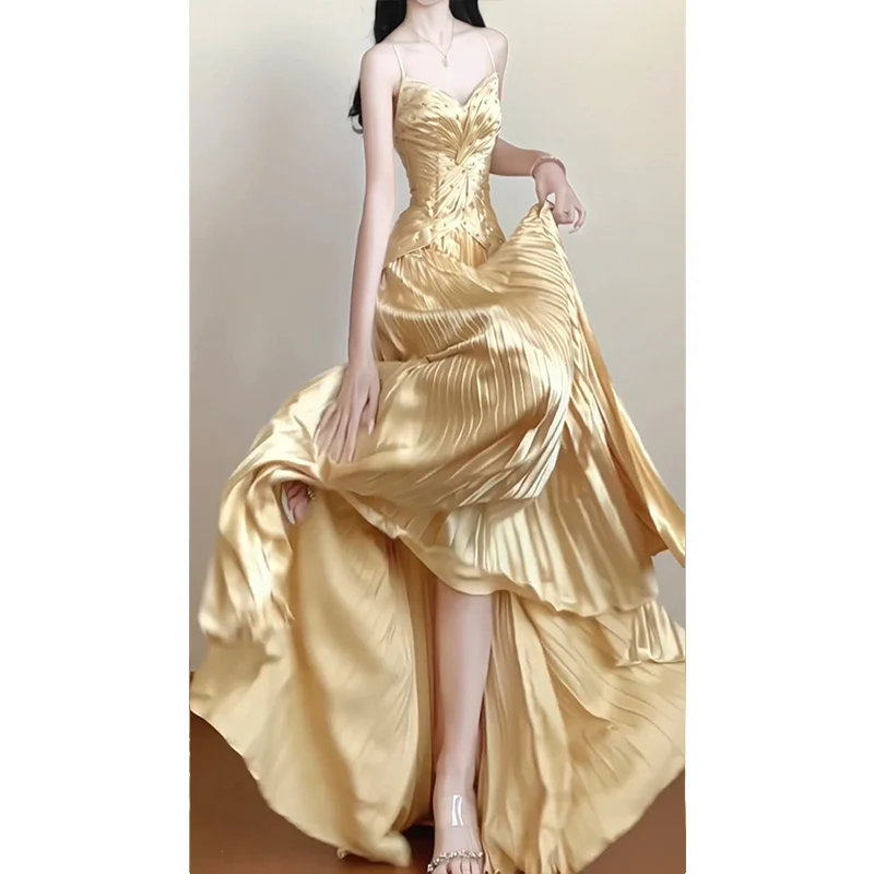 Vintage A line Spaghetti Straps Gold Satin Long Summer 18th Birthday Dress Party Dress Birthday Outfits Evening Dresses DH2414 - Deanwangkt