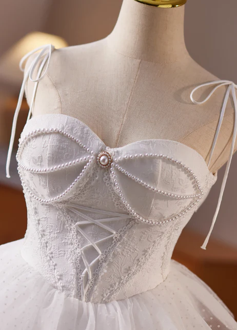 Simple Spaghetti Strap Tulle Lace Wedding Dresses White Short Bridal Gowns DP3184 - Deanwangkt