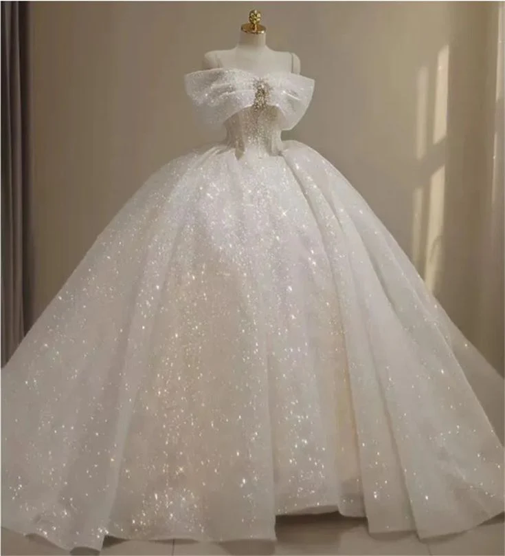 Luxury Ball Gown Wedding Dresses Off The Shoulder Sequin Strapless White Wedding Dress With Train DP618 - Deanwangkt