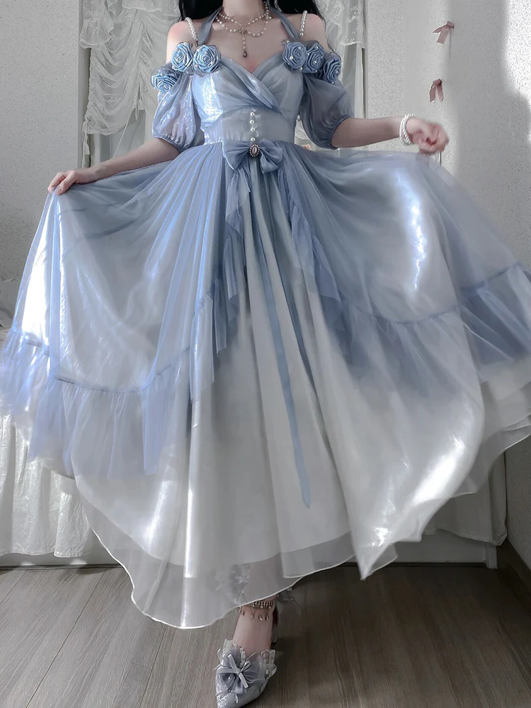 Vintage Ball Gown Off The Shoulder Short Sleeves 16th Blue Birthday Dresses Lolita Dress Birthday Outfits W1238 - Deanwangkt