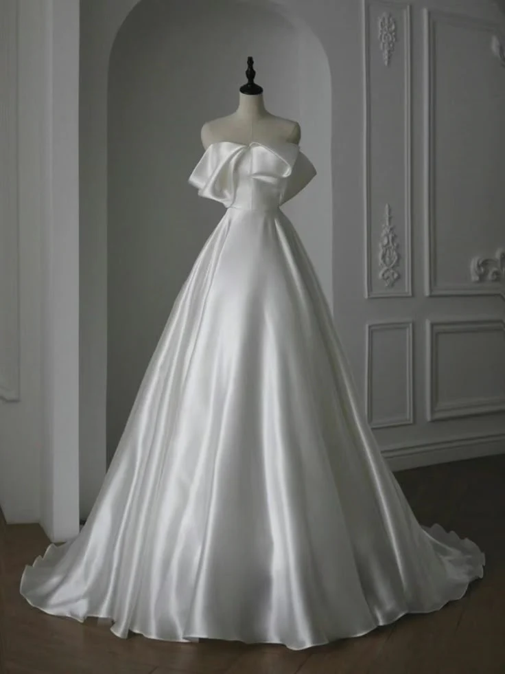 Classic Bridal Gown Ball Gown Off The Shoulder Short Sleeves Satin White Wedding Dresses Minimalist Bridal Gowns DH755 - Deanwangkt