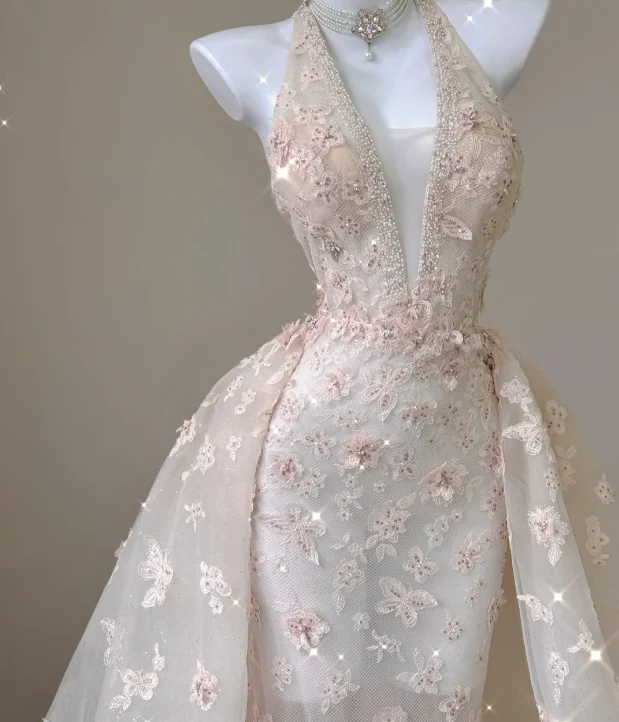 Classy Mermaid Halter Pink Lace Sleeveless Evening Dress Long Prom Dresses P0013 - Deanwangkt