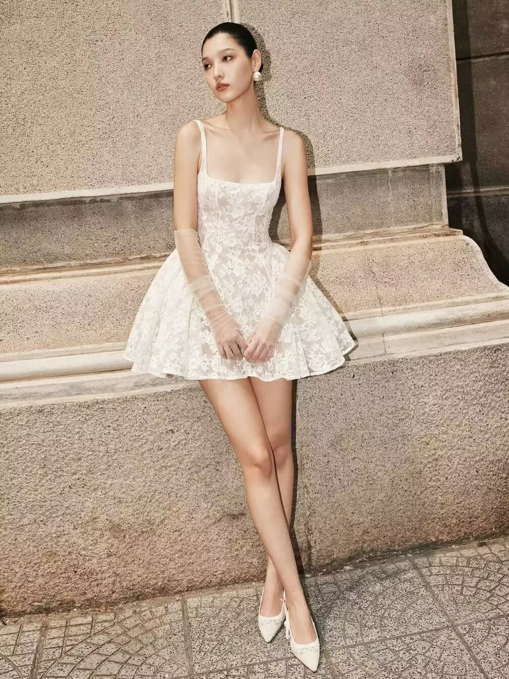 Pretty A line Square Neck White Lace Formal Homecoming Dresses Short 16th Birthday Outfits Graduation Dress Mini Cocktail Dresses DH2473 - Deanwangkt