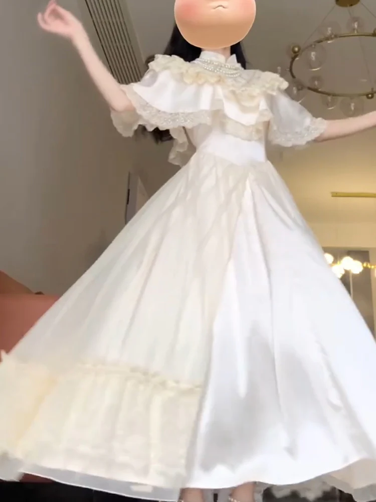 Elegant A line High Neckline Short Sleeves 16th Birthday Dress Lolita Dress White Birthday Outfits DP0214 - Deanwangkt