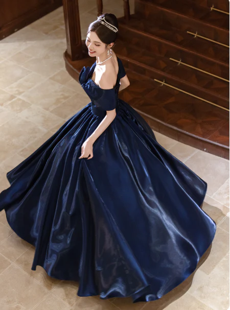 Elegant Cap Sleeve A-Line Prom Dress Satin Navy Blue Evening Gown DP3809 - Deanwangkt