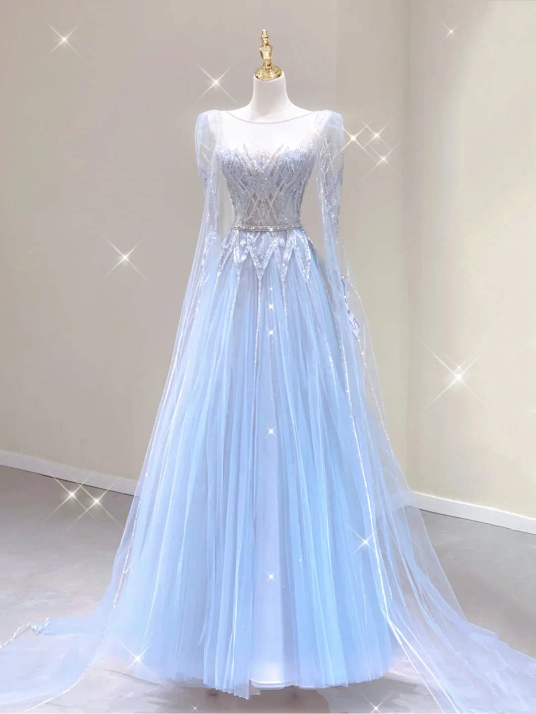 Pretty Ball Gown Scoop Long Sleeves Prom Dresses Blue Graduation Dress High School Classy Evening Dresses DP390 - Deanwangkt