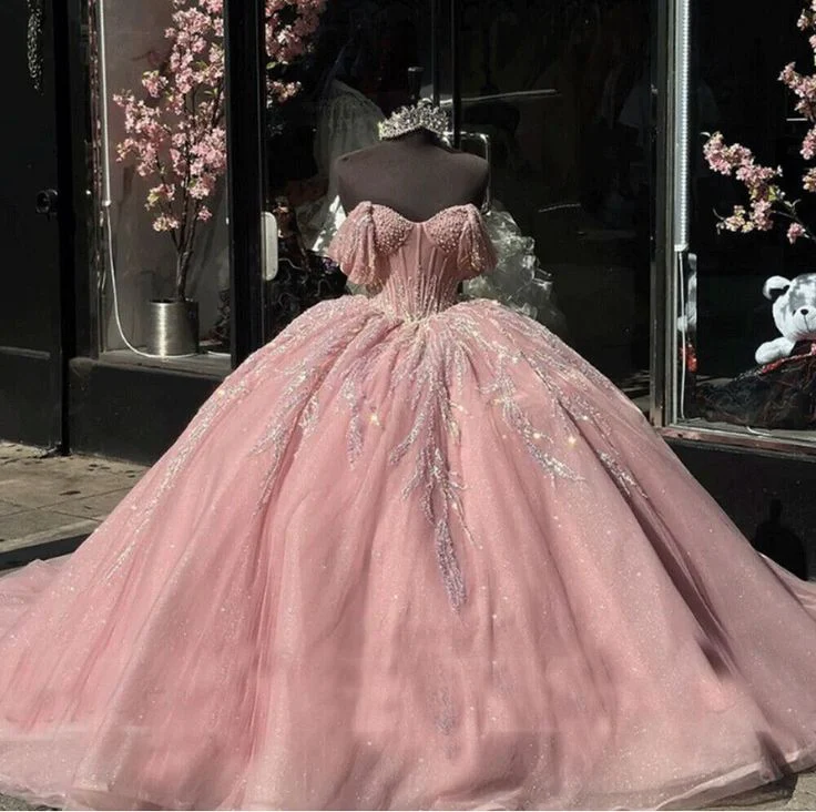 Modest Ball Gown Off The Shoulder Pink Tulle Long Quinceanera Dress Formal Gowns Vestido De 15 Anos Sweet 16 Dress DH1851 - Deanwangkt