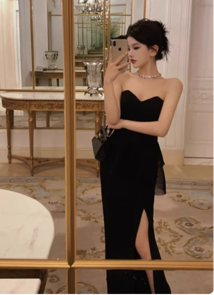Modest Sheath Sweetheart Neck Long Evening Gown Black Formal Dress Elegant Birthday Dress DP2797 - Deanwangkt