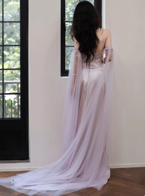 Elegant Off-the-shoulder Sheath Long Prom Dresses Satin Light Purple Evening Dresses DP3318 - Deanwangkt