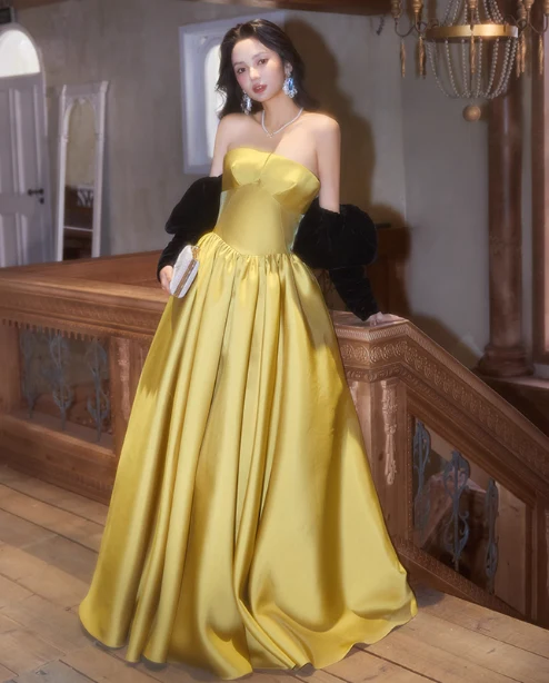 Elegant Strapless Ball Gown Satin Long Prom Dresses Yellow Formal Evening Dresses DP2981 - Deanwangkt