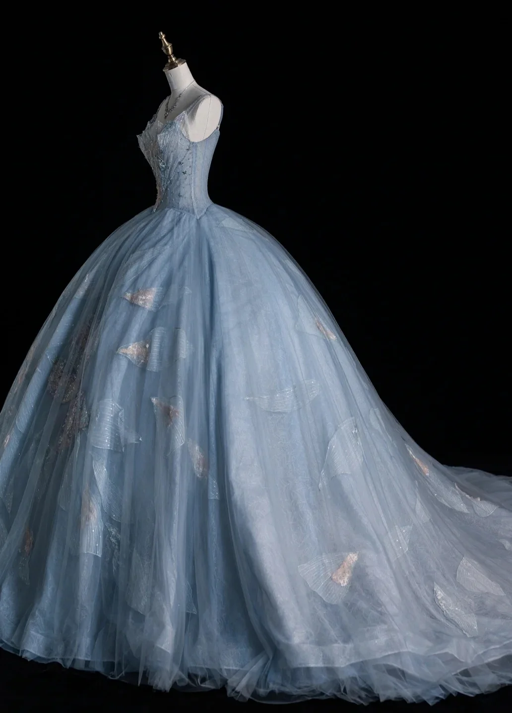 Gorgeous Spaghetti Strap A-Line Long Prom Dresses Tulle Sequined Gray Blue Evening Dresses DP3343 - Deanwangkt