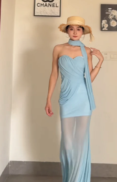 Elegant Sweetheart Neck Sheath Blue Long Prom Dresses Sleeveless Chiffon Blue Wedding Guest Dresses DP3886 - Deanwangkt
