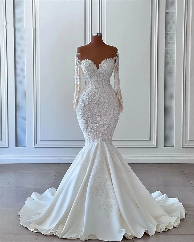 Chic Long Sleeve Bridal Gown Wedding Dress Luxury Lace Appliques Bridal Gowns DP624 - Deanwangkt