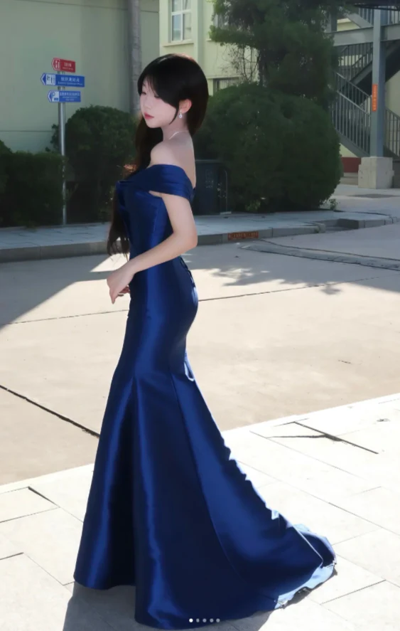 Elegant Off-Shoulder Mermaid Long Prom Dresses Satin Navy Blue Evening Dresses DP3803 - Deanwangkt