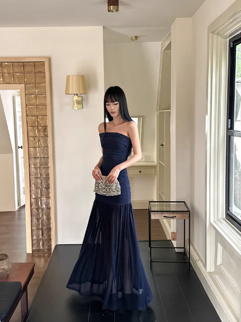 Elegant One Shoulder Sheath Navy Blue Long Prom Dresses Chiffon Navy Blue Evening Dresses DP3875 - Deanwangkt