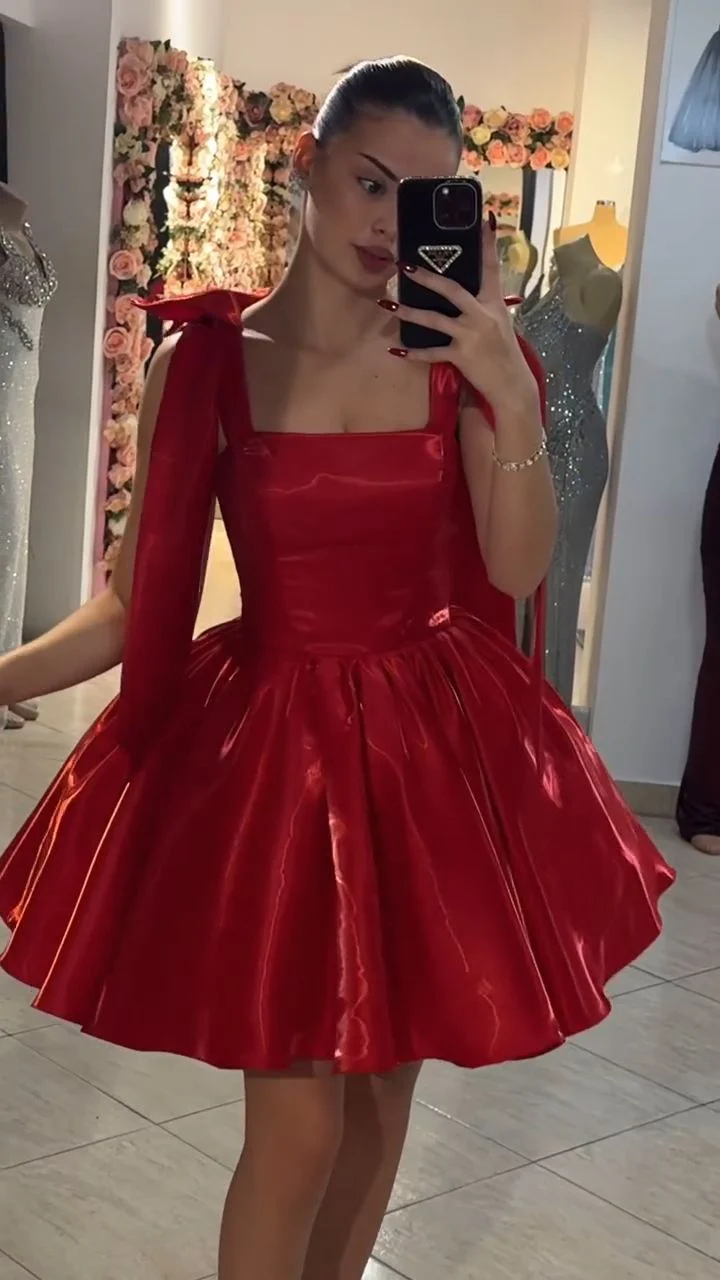 Cute Ball Gown Straps Red Satin Short Formal 8th Grade Homecoming Dresses Middle School Cocktail Dress Hoco Outfits DH2574 - Deanwangkt