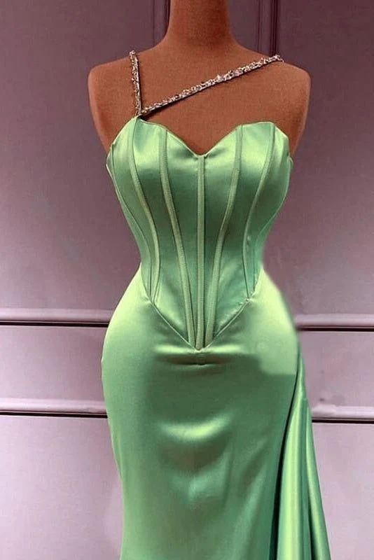 Chic One Shoulder Mermaid Long Prom Dresses Satin Green Evening Dresses DP3692 - Deanwangkt